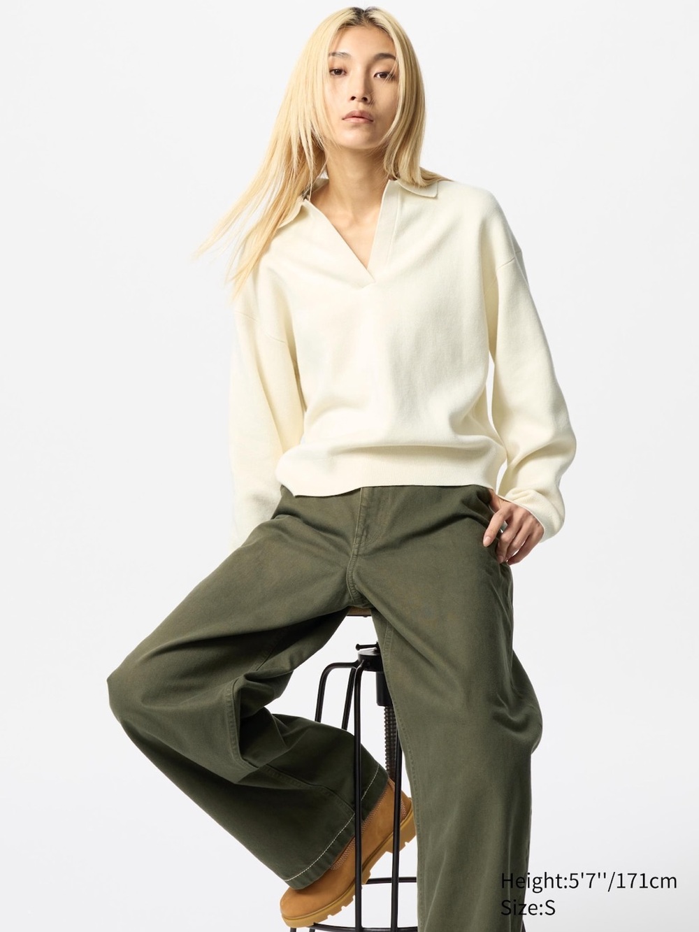 Uniqlo Smooth Cotton Relaxed Polo Sweater in Off-White / Ivory XS NWOT